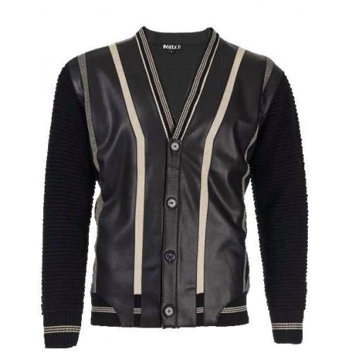 Inserch Black / Beige PU Leather Button-Up Cardigan Sweater 444